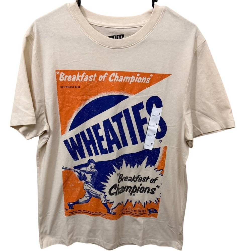Wheaties Breakfast of Champions Graphic T-Shirt Mens Medium Cream Baseball Retro